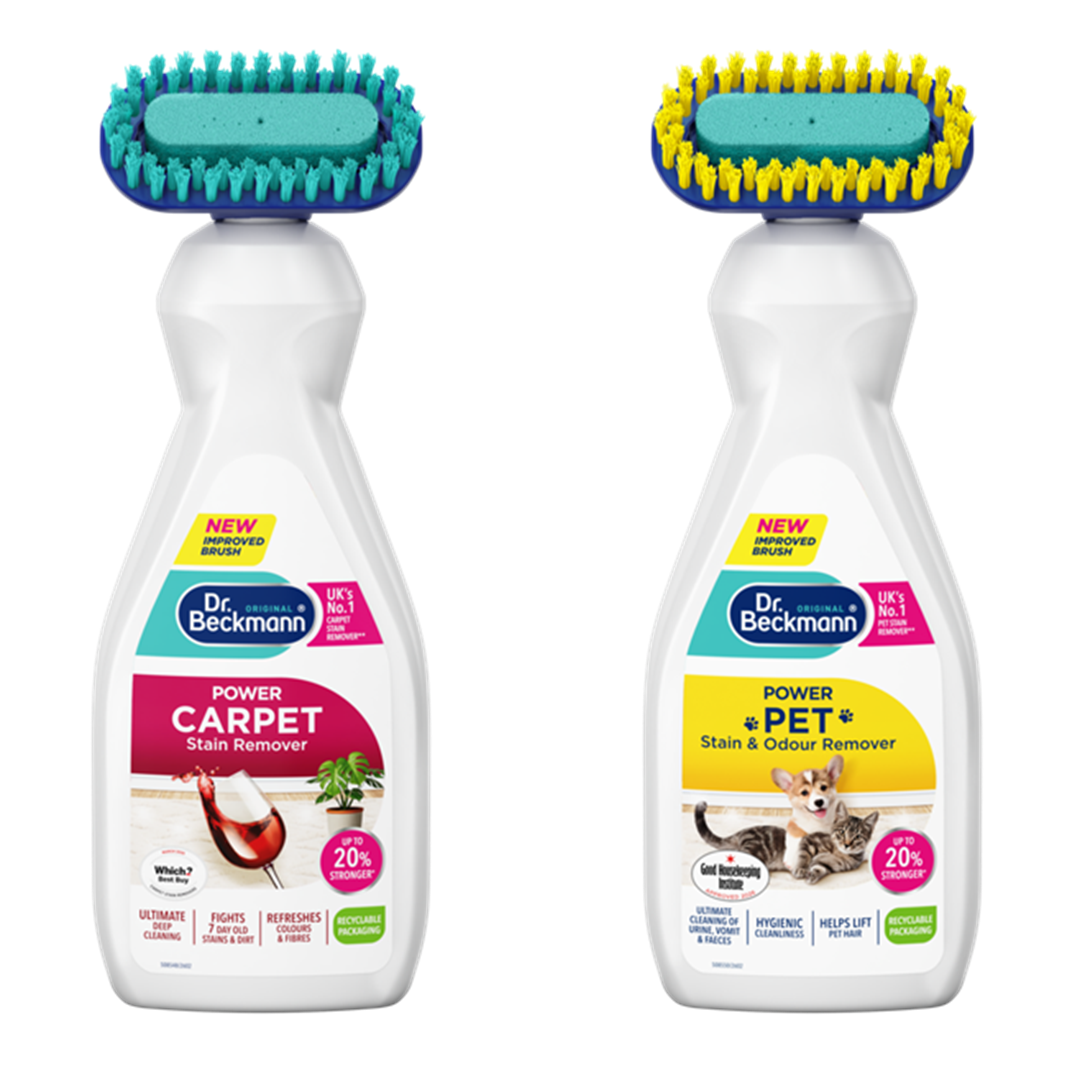 Две бутилки Dr. Beckmann: Power Carpet Stain Remover (розова) и Power Pet Stain & Odour Remover (жълта) с четки.