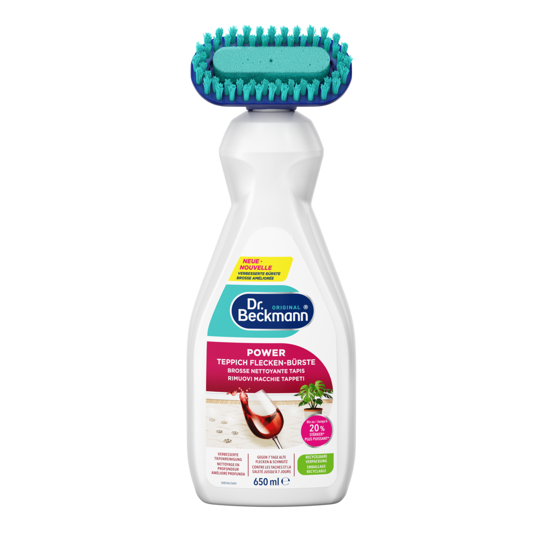 Dr.&nbsp;Beckmann Power Teppich Flecken-Bürste, 650 ml Flasche mit blauer Bürstenaufsatz zum Entfernen von Flecken aus Teppichen.