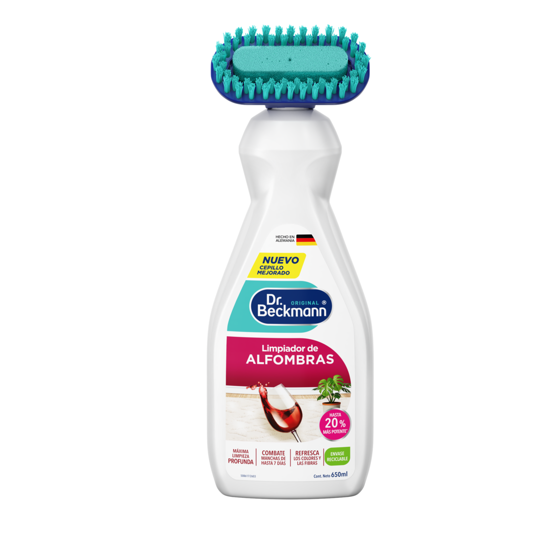 Botella de Limpiador de Alfombras Dr. Beckmann con cepillo integrado, 650ml, para eliminar manchas.