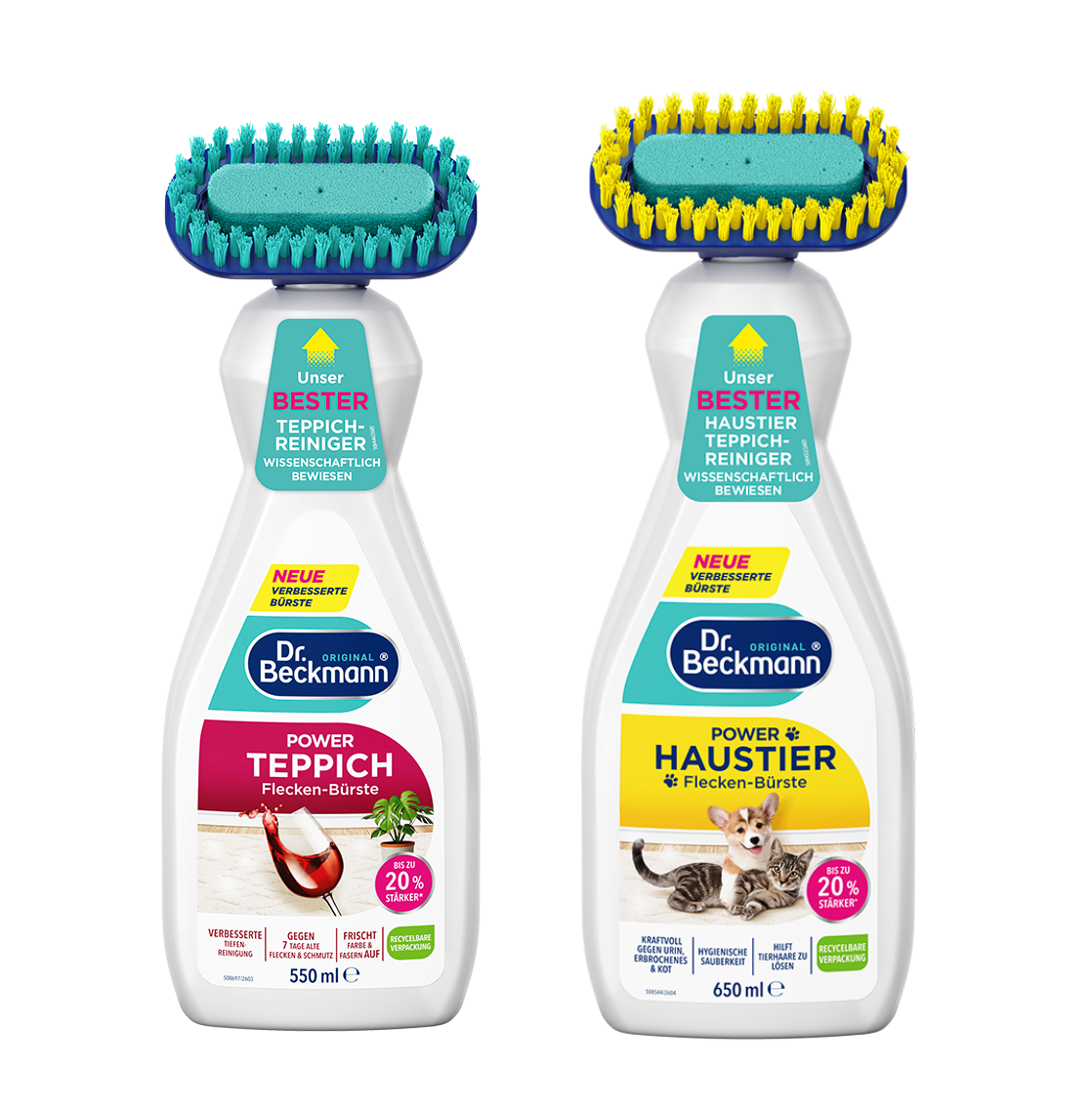 Zwei Dr. Beckmann Teppichreiniger: Links Power Teppich (550ml), rechts Power Haustier (650ml) mit Bürstenkopf.