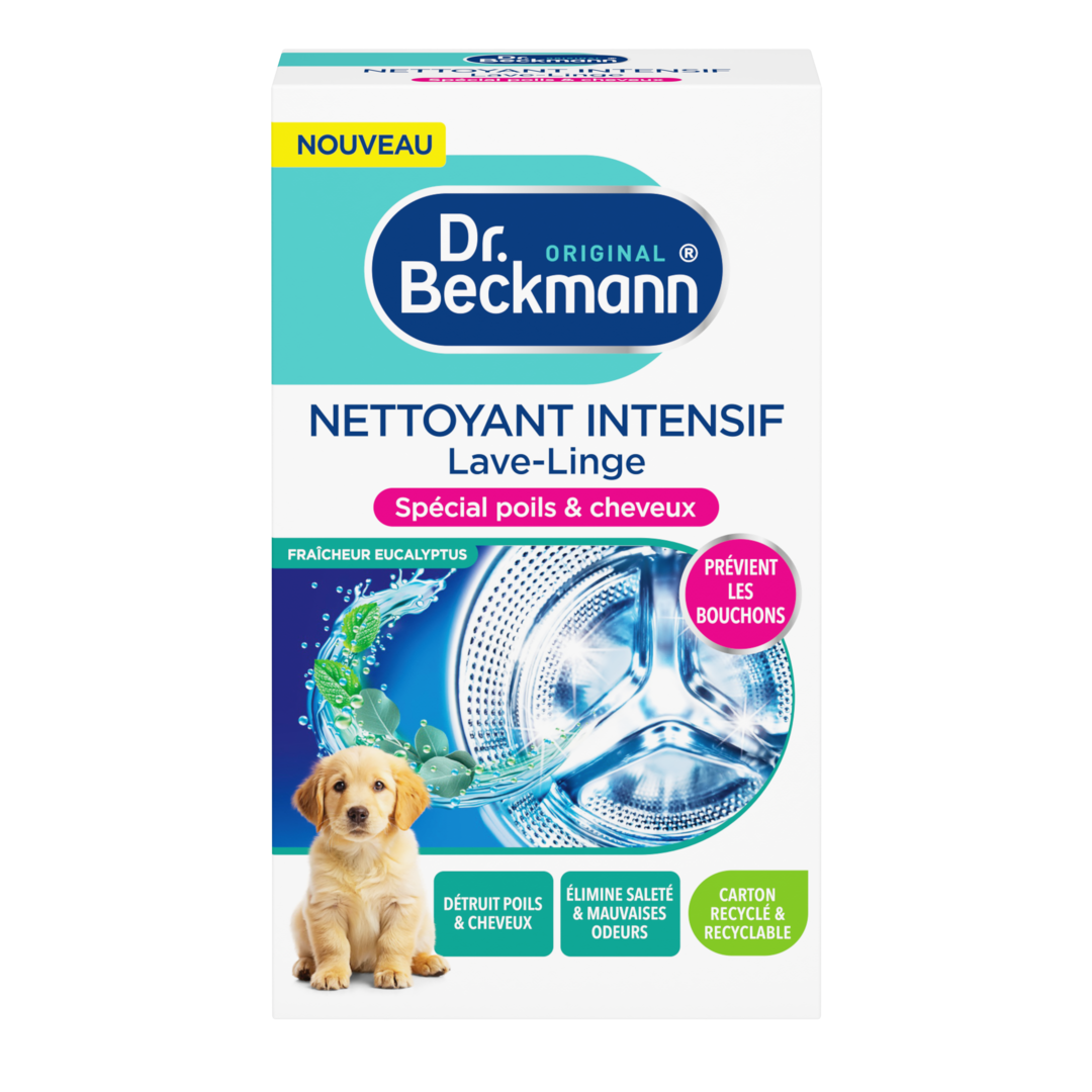 Nettoyant intensif lave-linge Dr. Beckmann pour poils et cheveux, fraîcheur eucalyptus, carton recyclé.