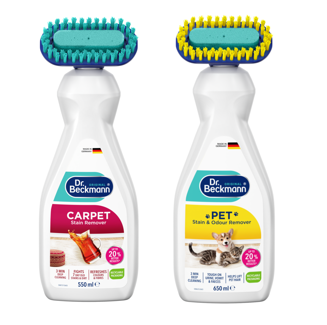 Two Dr. Beckmann cleaning products with brush heads: Carpet Stain Remover (550ml) and Pet Stain & Odour Remover (650ml).