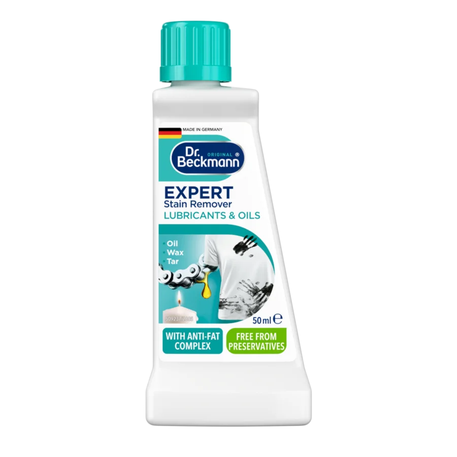 Expert Stain Remover Lubricants & Oils – White plastic bottle with turquoise cap, clear liquid, stain remover for lubricants and oils, 50ml.