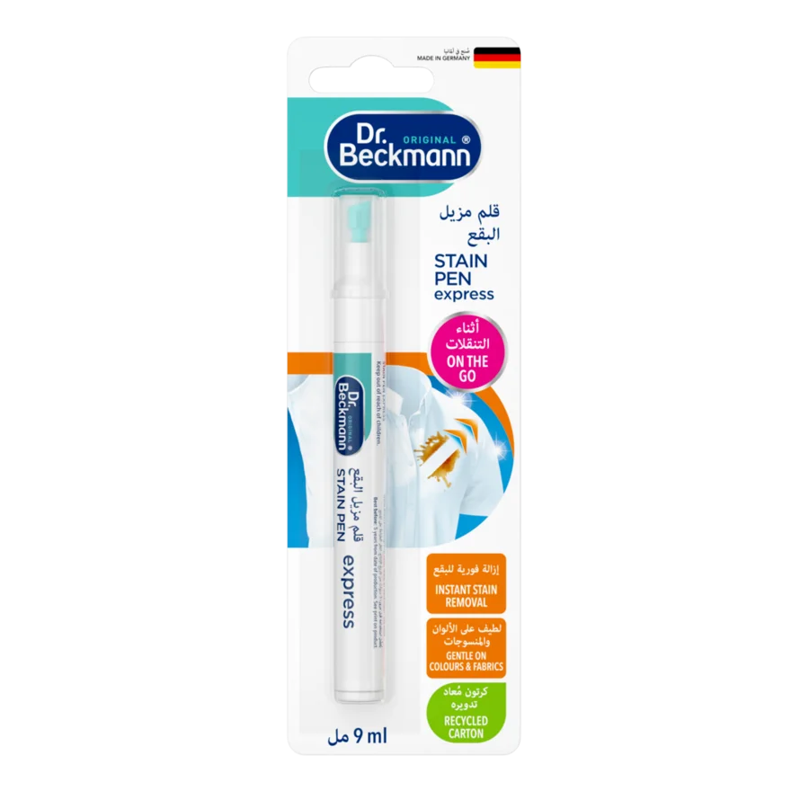 Stain Pen express – White pen-shaped applicator with turquoise cap and label, 9ml, in blister packaging with bilingual text and color-coded sections.