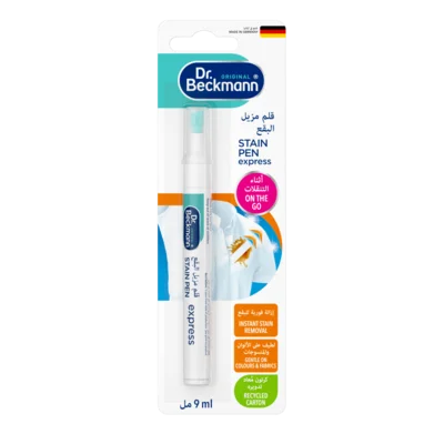 Stain Pen express – White pen-shaped applicator with turquoise cap and label, 9ml, in blister packaging with bilingual text and color-coded sections.