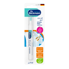 Stain Pen express – White pen-shaped applicator with turquoise cap and label, 9ml, in blister packaging with bilingual text and color-coded sections.-small
