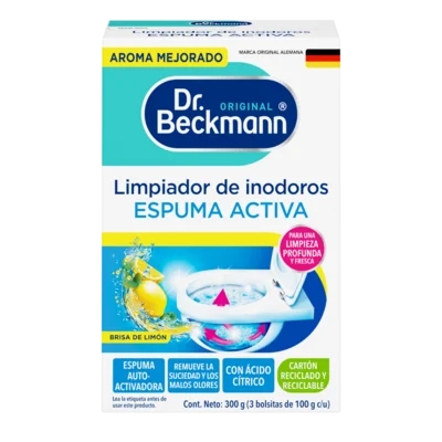 Limpiador de Inodoros Espuma activa – Caja blanca y azul con tres sobres de producto limpiador con imagen de limón e ilustración de dispensador de espuma activa.