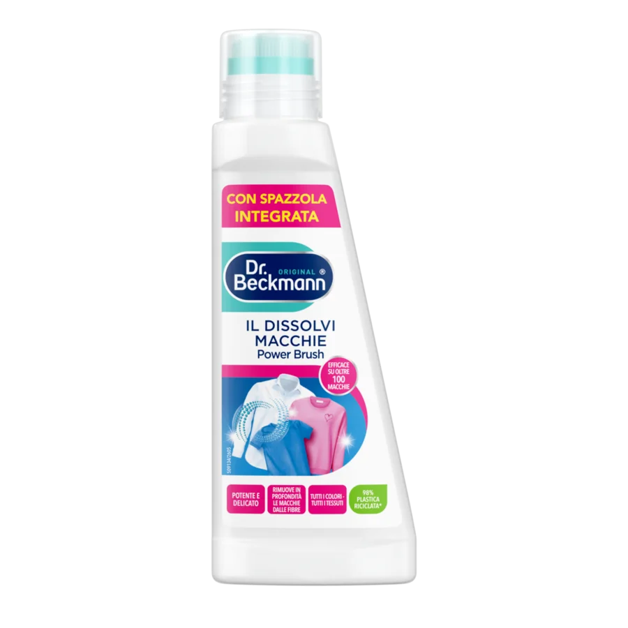 Il Dissolvi Macchie Power Brush – Bottiglia di plastica bianca con etichetta turchese e rosa con immagini di abbigliamento e testo.