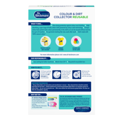 Colour & Dirt Collector Reusable – White rectangular box with turquoise and navy blue sections containing product information and instructional diagrams.