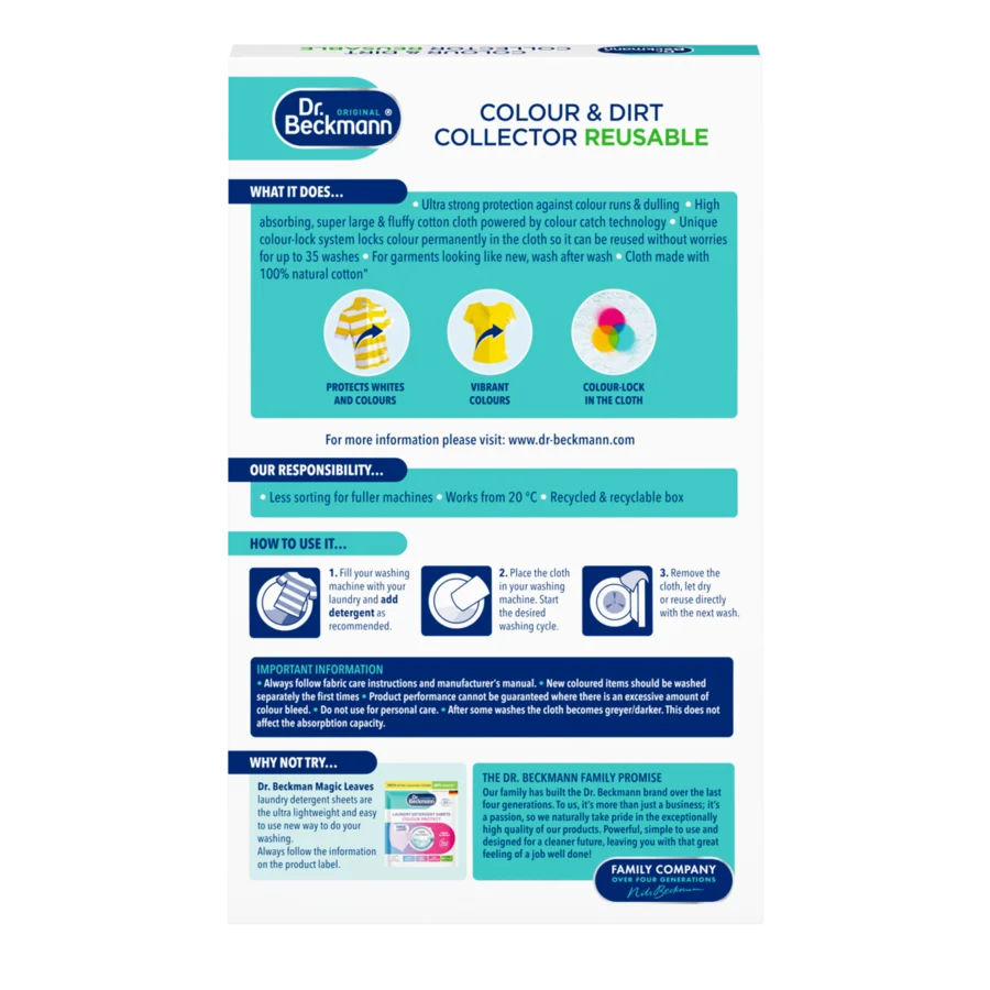 Colour & Dirt Collector Reusable – White rectangular box with turquoise and navy blue sections containing product information and instructional diagrams.