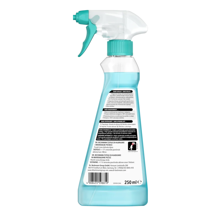 Čistilo za hladilnike in mikrovalovne pečice – Razpršilna steklenica s turkiznim sprožilcem in pokrovom, 250ml.