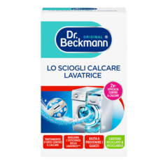 Lo Sciogli Calcare Lavatrice – Scatola di cartone bianca con dettagli turchesi e blu, immagini di lavatrici e sezioni etichetta rossa/verde.-small