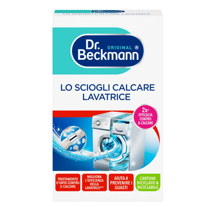 Lo Sciogli Calcare Lavatrice – Scatola di cartone bianca con dettagli turchesi e blu, immagini di lavatrici e sezioni etichetta rossa/verde.
