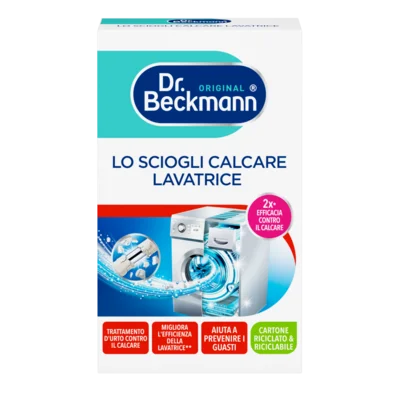 Lo Sciogli Calcare Lavatrice – Scatola di cartone bianca con dettagli turchesi e blu, immagini di lavatrici e sezioni etichetta rossa/verde.