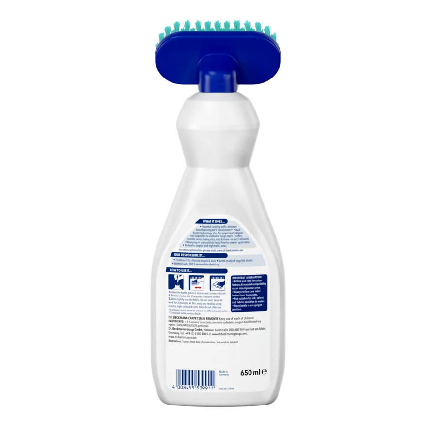 Carpet Stain Remover – White spray bottle with blue cap and turquoise brush head, 650ml capacity with product label.