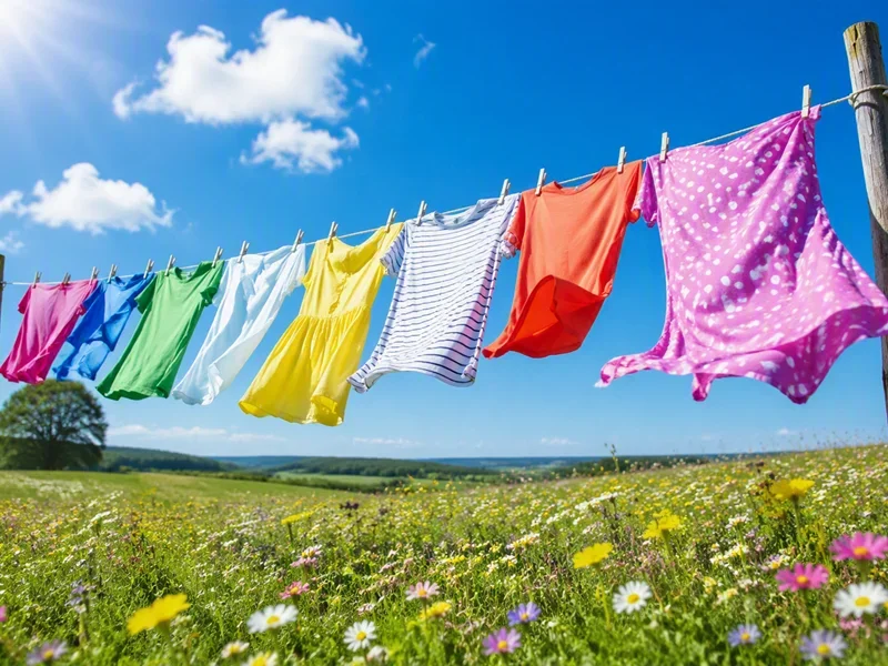 Colorful laundry hanging on a clothesline in a sunny wildflower meadow with blue sky and white clouds.