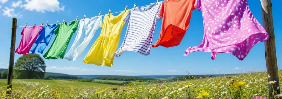 Colorful laundry hanging on a clothesline in a sunny wildflower meadow with blue sky and white clouds.