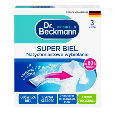 Super biel natychmiastowe wybielanie – Białe pudełko z turkusowymi i niebieskimi sekcjami, zawierające trzy saszetki, z obrazem białej tkaniny i różowym wskaźnikiem.