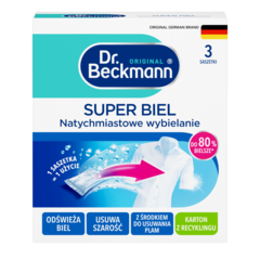 Super biel natychmiastowe wybielanie – Białe pudełko z turkusowymi i niebieskimi sekcjami, zawierające trzy saszetki, z obrazem białej tkaniny i różowym wskaźnikiem.-small