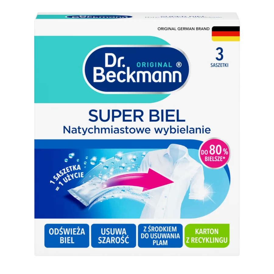 Super biel natychmiastowe wybielanie – Białe pudełko z turkusowymi i niebieskimi sekcjami, zawierające trzy saszetki, z obrazem białej tkaniny i różowym wskaźnikiem.