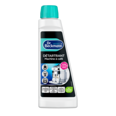 Détartrant Machine à Café – Flacon blanc en plastique avec bouchon turquoise contenant un liquide foncé, étiquette bleu et noir.-small