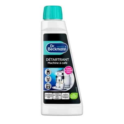 Détartrant Machine à Café – Flacon blanc en plastique avec bouchon turquoise contenant un liquide foncé, étiquette bleu et noir.