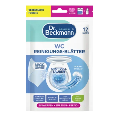 WC Reinigungs-Blätter Ocean Breeze – Weiße Beutelpackung mit blauen und türkisen Akzenten, enthält 12 Toilettenreinigungstücher.