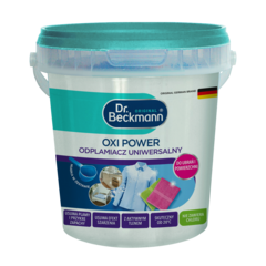 Oxi-Power odplamiacz uniwersalny – Turkusowo-biały plastikowy wiadro z uchwytem zawierające proszek czyszczący w pojemniku z niebieską etykietą.-small