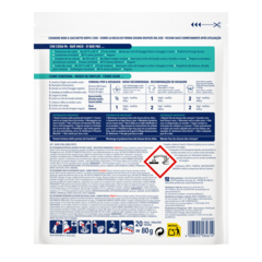 Tiras de Detergente Color – Flores Frescas – Paquete rectangular blanco con texto azul y verde, diagramas instructivos e información multilingüe impresa.