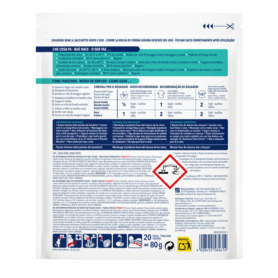 Tiras de Detergente Color – Flores Frescas – Paquete rectangular blanco con texto azul y verde, diagramas instructivos e información multilingüe impresa.