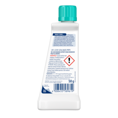 Expert Stain Remover Fruit & Drinks – White plastic bottle with turquoise cap containing 50g liquid stain remover with blue and red label.