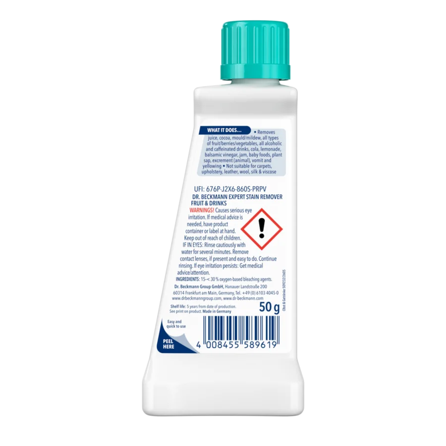 Expert Stain Remover Fruit & Drinks – White plastic bottle with turquoise cap containing 50g liquid stain remover with blue and red label.