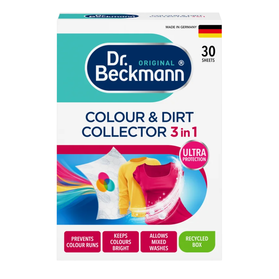 Colour & Dirt Collector 3in1 – White box with turquoise and pink accents holding 30 sheets of laundry product with clothing designs.