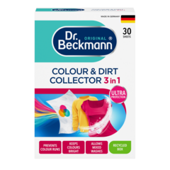 Colour & Dirt Collector 3in1 – White box with turquoise and pink accents holding 30 sheets of laundry product with clothing designs.-small