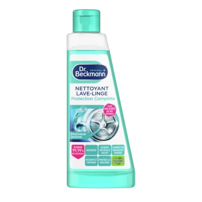 Nettoyant Lave-Linge Protection Complète Fraîcheur Océane – Bouteille plastique turquoise avec étiquette blanche et image de tambour.