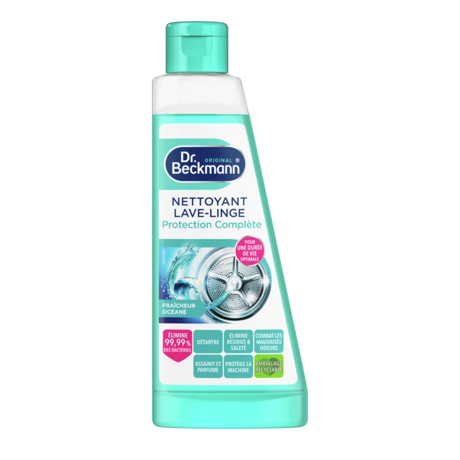 Nettoyant Lave-Linge Protection Complète Fraîcheur Océane – Bouteille plastique turquoise avec étiquette blanche et image de tambour.
