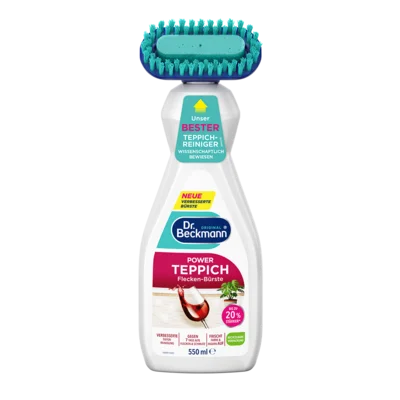 Power Teppich Flecken-Bürste – Weiße Kunststoff-Sprühflasche mit türkisem Bürstenkopf und farbigen Bändern in Blaugrün, Rosa und Rot.