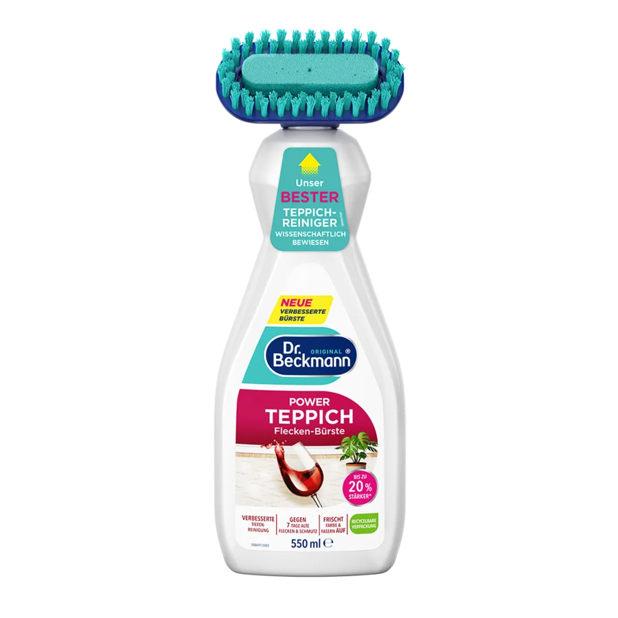 Power Teppich Flecken-Bürste – Weiße Kunststoff-Sprühflasche mit türkisem Bürstenkopf und farbigen Bändern in Blaugrün, Rosa und Rot.