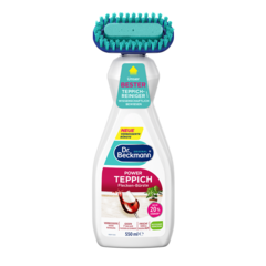 Power Teppich Flecken-Bürste – Weiße Kunststoff-Sprühflasche mit türkisem Bürstenkopf und farbigen Bändern in Blaugrün, Rosa und Rot.-small