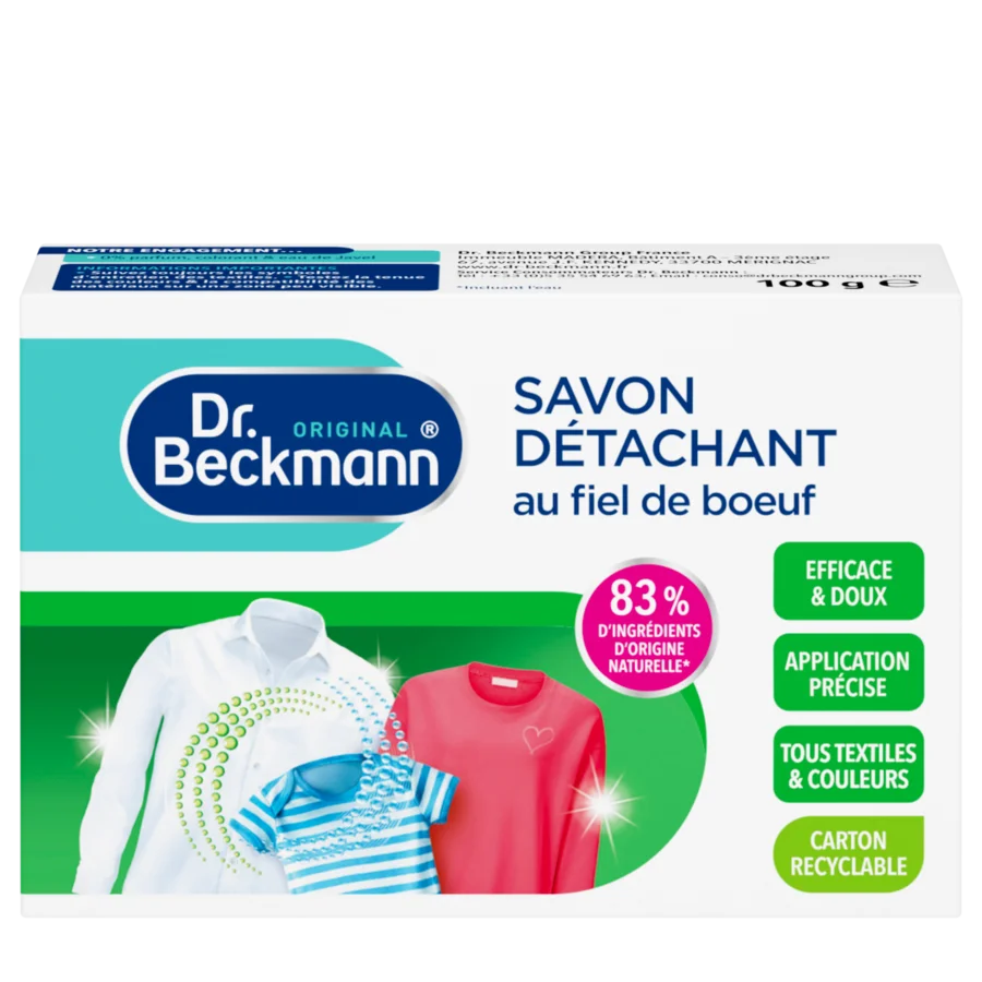 Savon Détachant au fiel de boeuf – Boîte rectangulaire blanche avec sections turquoise et vertes, affichant des vêtements colorés et du texte français.