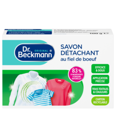 Savon Détachant au fiel de boeuf – Boîte rectangulaire blanche avec sections turquoise et vertes, affichant des vêtements colorés et du texte français.-small