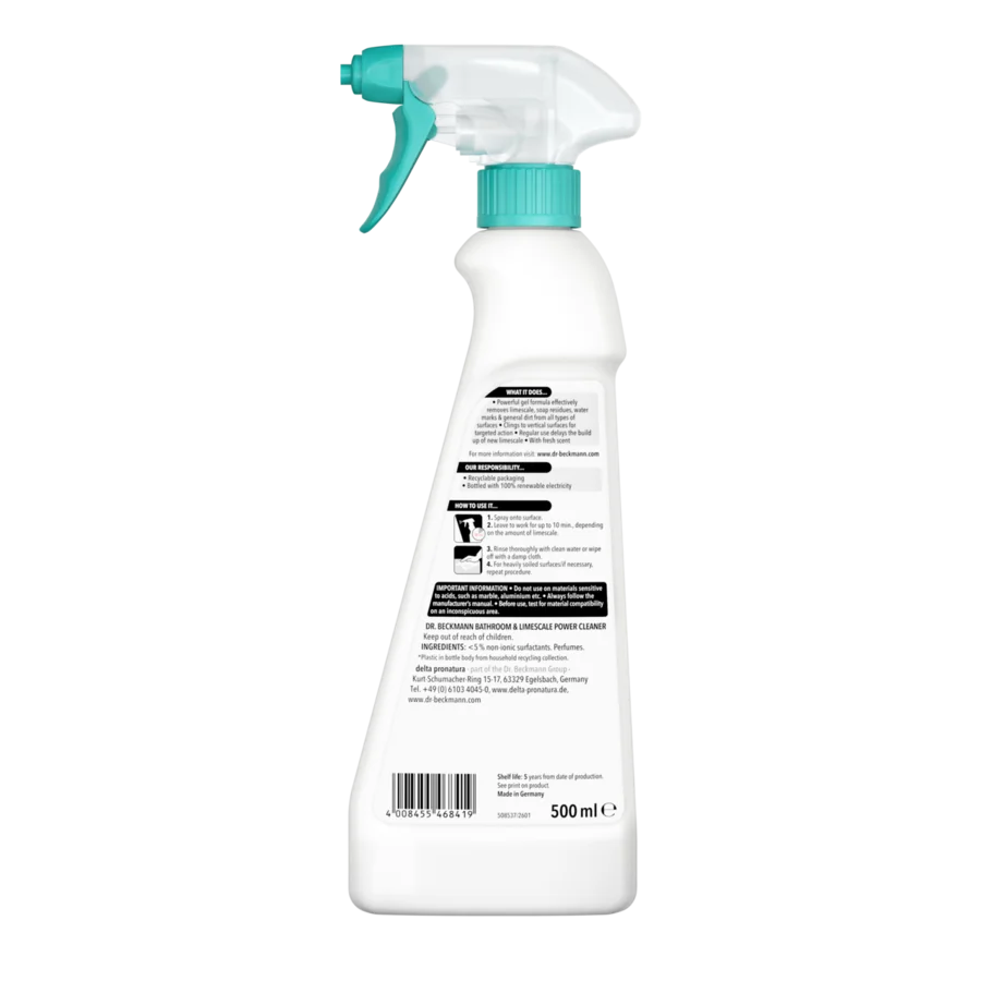 Dung dịch tẩy cặn canxi chuyên sâu – Chai xịt trắng với nút bấm và nắp xanh ngọc, dung tích 500ml, nhãn và mã vạch.