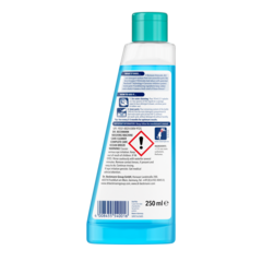 Dung dịch Vệ sinh & Chăm sóc Máy giặt Toàn diện – Chai nhựa xanh ngọc và trắng, nắp xanh lơ, dung tích 250ml, có hướng dẫn và biểu tượng cảnh báo.