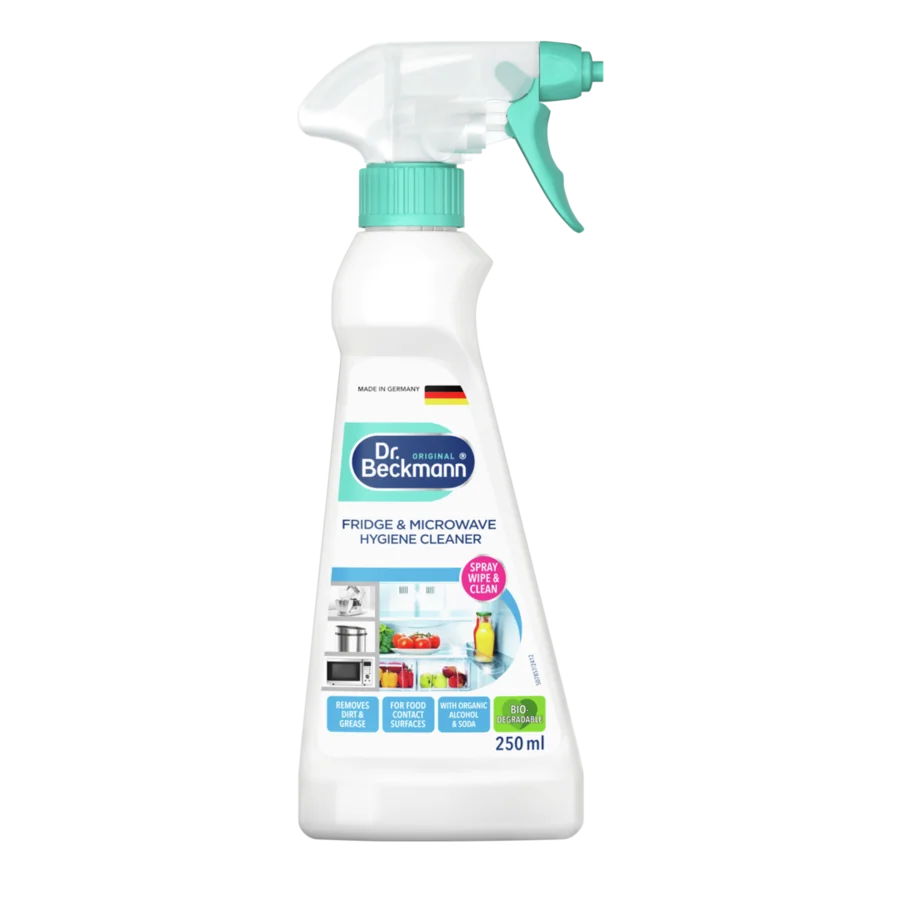Dung dịch vệ sinh tủ lạnh & bề mặt nhà bếp – Chai xịt trắng với tay khóa xanh bạc hà, 250ml, nhãn in hình dụng cụ nhà bếp.