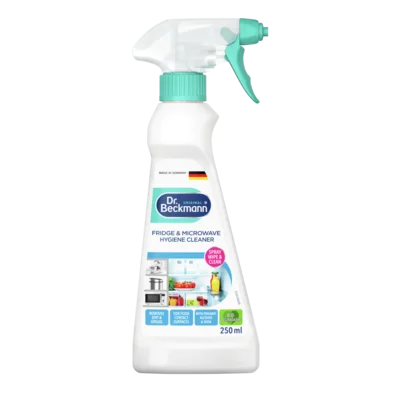 Dung dịch vệ sinh tủ lạnh & bề mặt nhà bếp – Chai xịt trắng với tay khóa xanh bạc hà, 250ml, nhãn in hình dụng cụ nhà bếp.