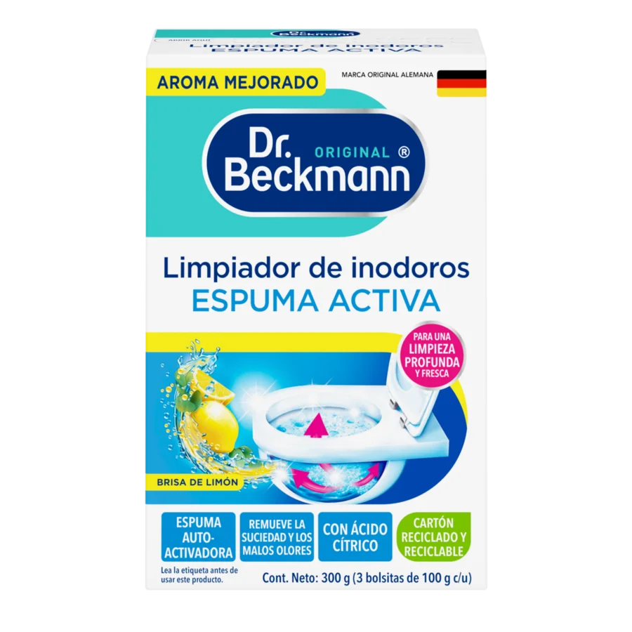 Limpiador de Inodoros Espuma activa – Caja de cartón blanca y azul con tres esponjas de limpieza envueltas individualmente con aroma a limón.