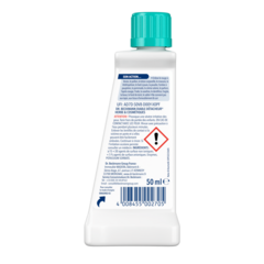 Diable Détacheur Herbe & Cosmétiques – Flacon blanc en plastique avec bouchon turquoise, 50ml, étiquette d'avertissement et code-barres.