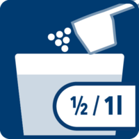 [Translate to Panama:] Solución de limpieza: Disuelva ½ cuchara dosificadora con un 1 litro de agua en un recipiente abierto. Cuanto más caliente esté el agua, más rápido será el proceso de limpieza.