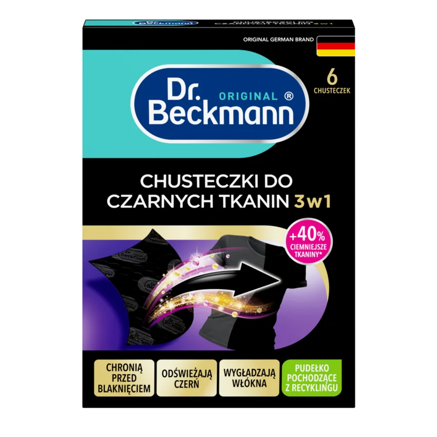 Chusteczki do czarnych tkanin 3 w 1 – Czarne chusteczki w pudełku z turkusowo-fioletowym opakowaniem ze złotymi akcentami.