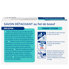 Savon Détachant au fiel de boeuf – Boîte rectangulaire de savon blanc avec texte bleu et turquoise et icônes d'instructions.